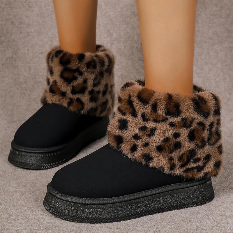 Модные зимние сапоги из искусственного меха для женщин, ботильоны на толстой подошве, модные леопардовые утолщенные пушистые туфли 2024 года, зимние теплые замшевые короткие сапоги