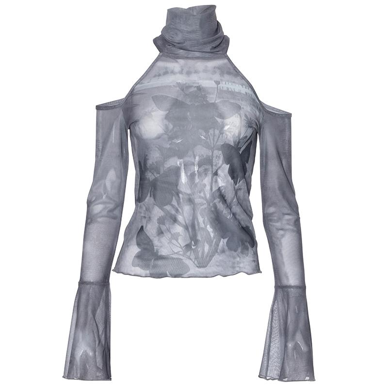 Y2K сексуальные кружевные сетчатые прозрачные футболки с готическим принтом с длинным рукавом трикотажные топы в стиле пэчворк винтажные женские летние уличные модели