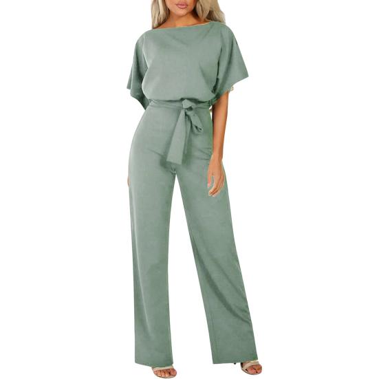 Women's Short Sleeve Jumpsuit Tie Waist Belted Straight Wide Leg Pant Romper Casual Crew Neck One-piece Overall