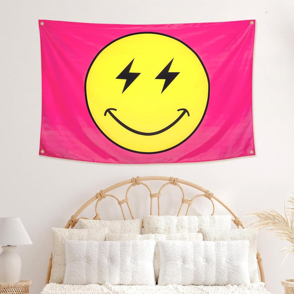 Preppy Tapestry Pink Smile Face Flag 60'' x 40'', Heavy Duty 200D Polyester Cute Smile Banner for Teen Room Girls Bedroom College Dorm Wall Hanging