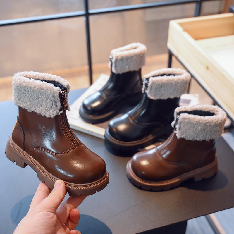 Девочки Короткие Ботинки Отвернутый Край Плюшевые Ретро Зимние Детские Теплые Ботинки Передняя Молния Детские Модные Ботинки Противоскользящие 2024 Новые