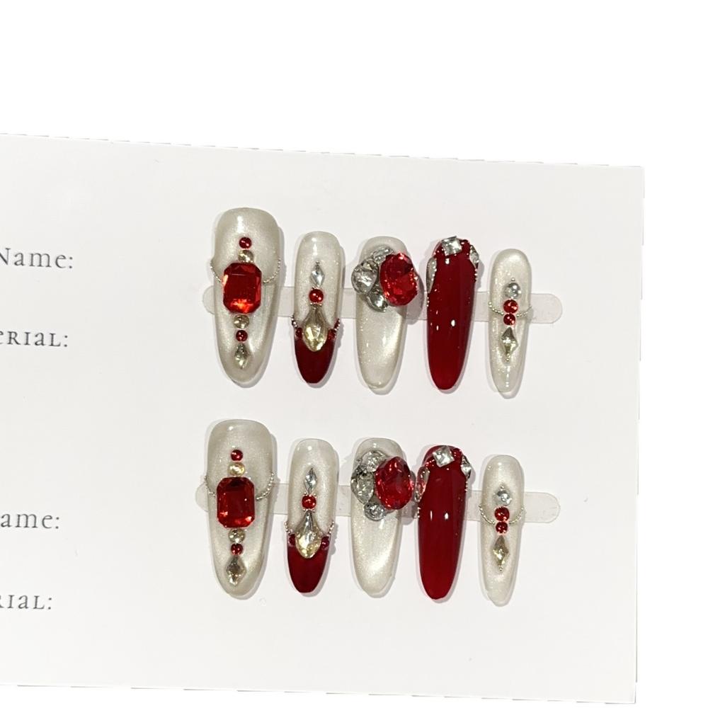 Women Press‑On Nails Pure‑Handmade Burgundy Cat‑Eye New Year Pile Rhinestone False Nail Patches