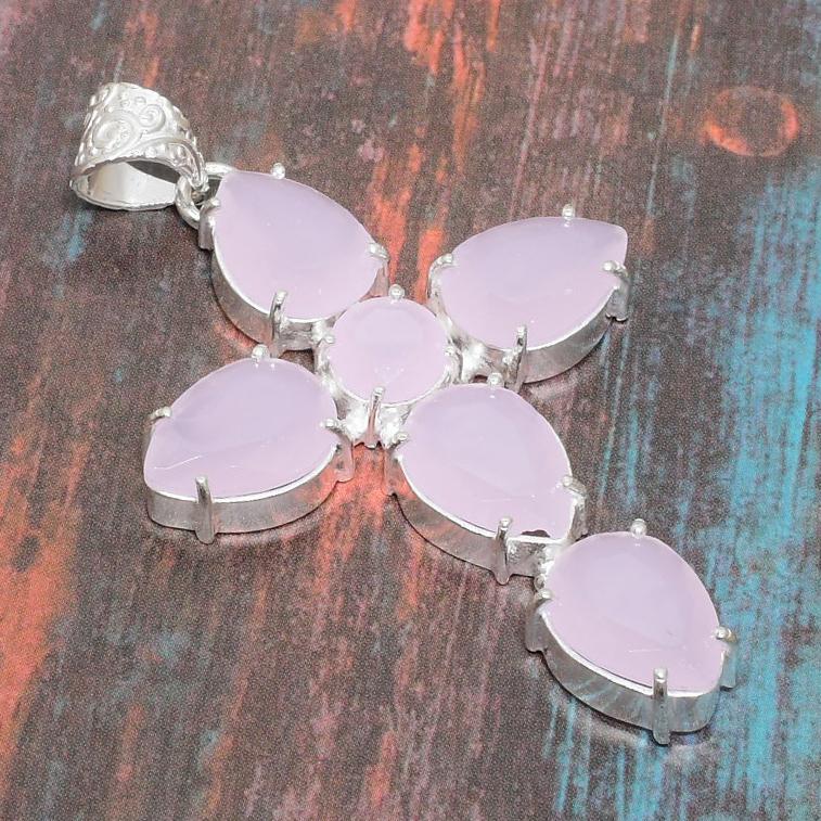 Фантастический крест розовый халцедон драгоценный камень ручной работы стерлингового серебра 925 свадебные украшения кулон