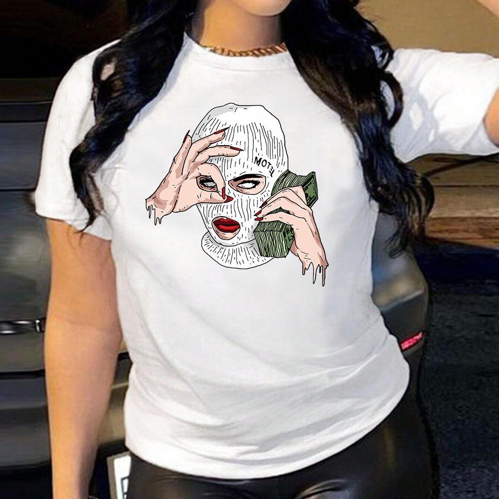 Поддельные доллары США Хлопковая футболка с коротким рукавом и круглым вырезом для женщин Топы с 2D-печатью