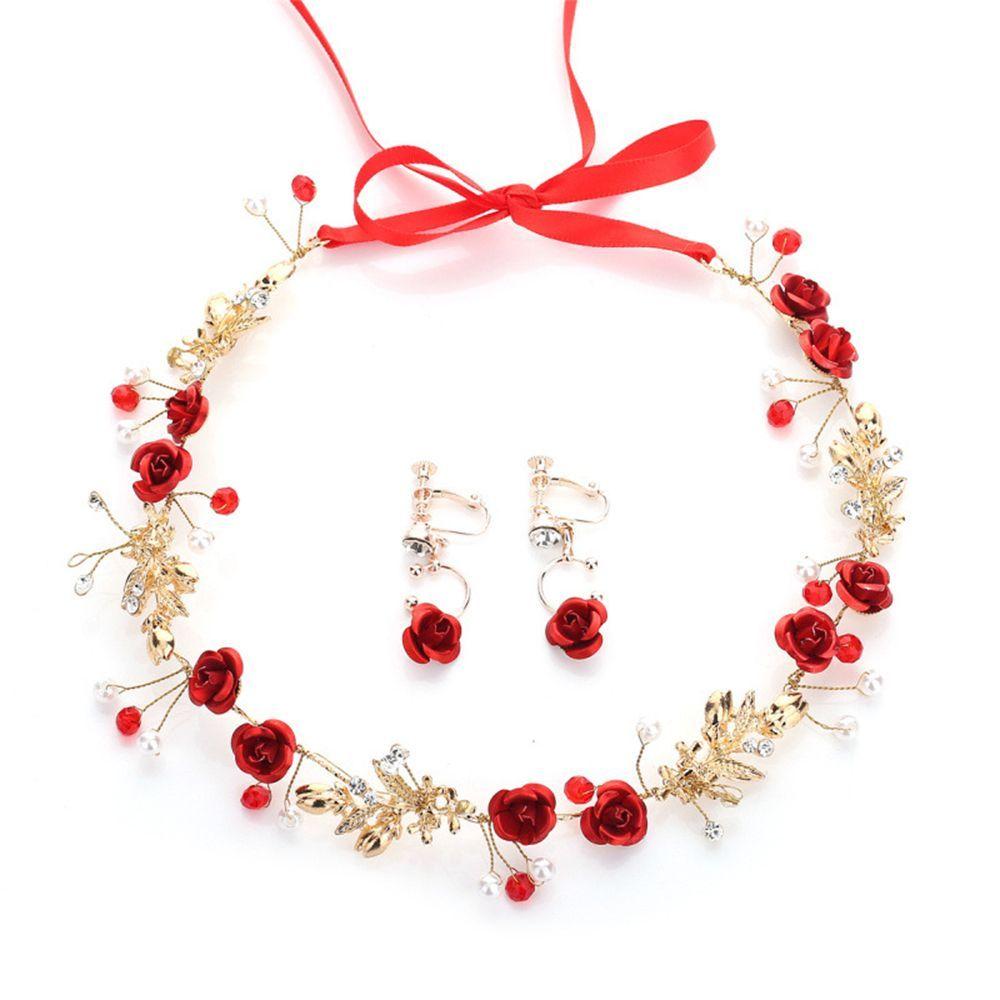 Headdress Tiaras Crown With Ribbon Bridesmaid Headband Pearl Bride Hairband Earring Set Crystal Red