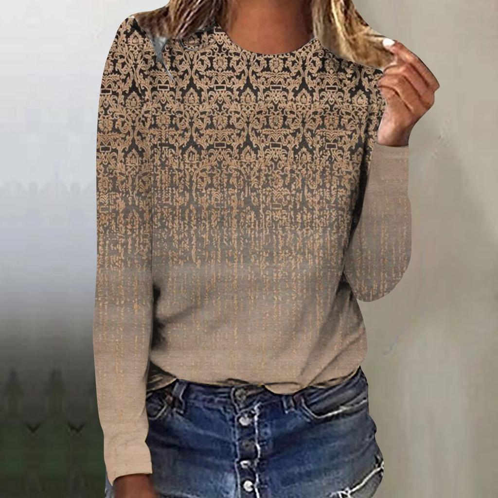 Женская мода повседневный топ с длинным рукавом с градиентным принтом и круглым вырезом