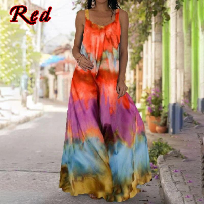 Women Fashion Sleeveless Swing Long Sling Dress Boho Tie Dye 3D Printed Maxi Dresses Casual Spaghetti Straps Summer Dresses Plus Size