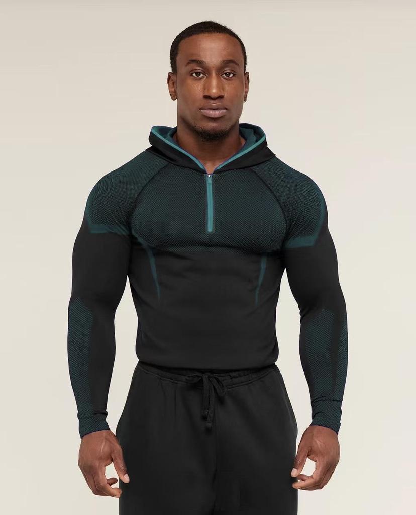 Мужская фитнес-футболка с длинным рукавом и капюшоном GYMSHARK Onyx с высокой эластичностью