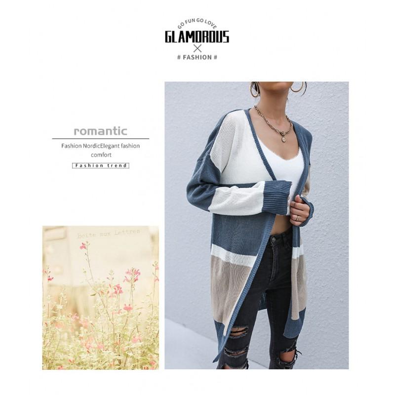 Womens Oversized V-Neck Colorblock Knit Cardigan Long Sleeve Loose Fit Japanese Style Casual Sweater