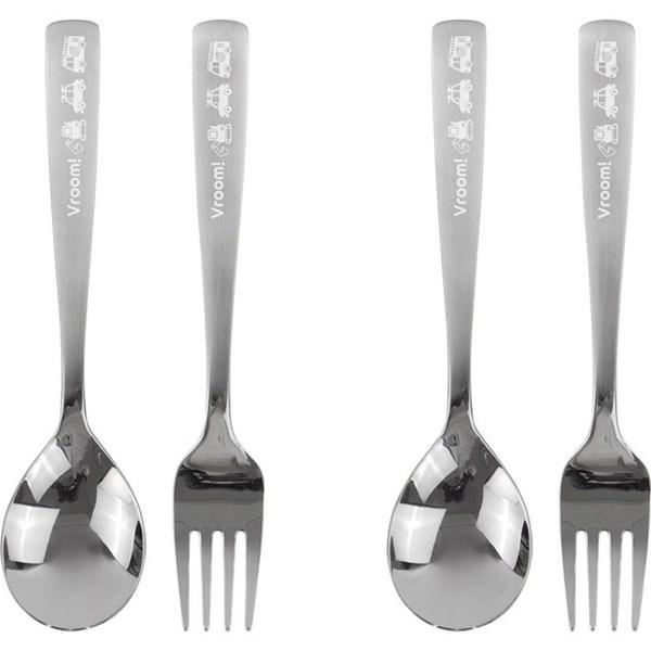 Sets of Baby Vroom Vroom Stainless Steel Basic Cutlery, Spoon + Fork