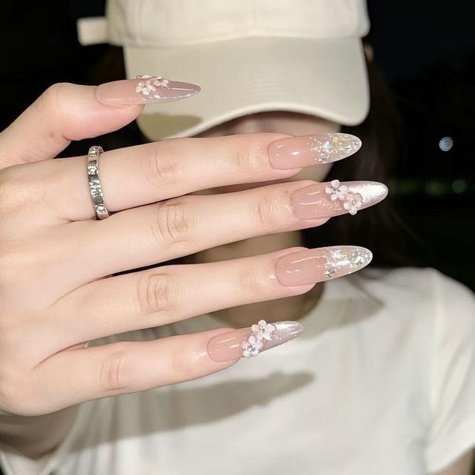 Autumn Bridal Rhinestone Long Nails - Elegant Whitening False Nails for Weddings