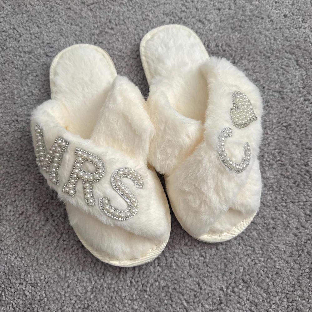 Pearl Letter MRS Plush Cross-Band Slippers for Bridesmaids