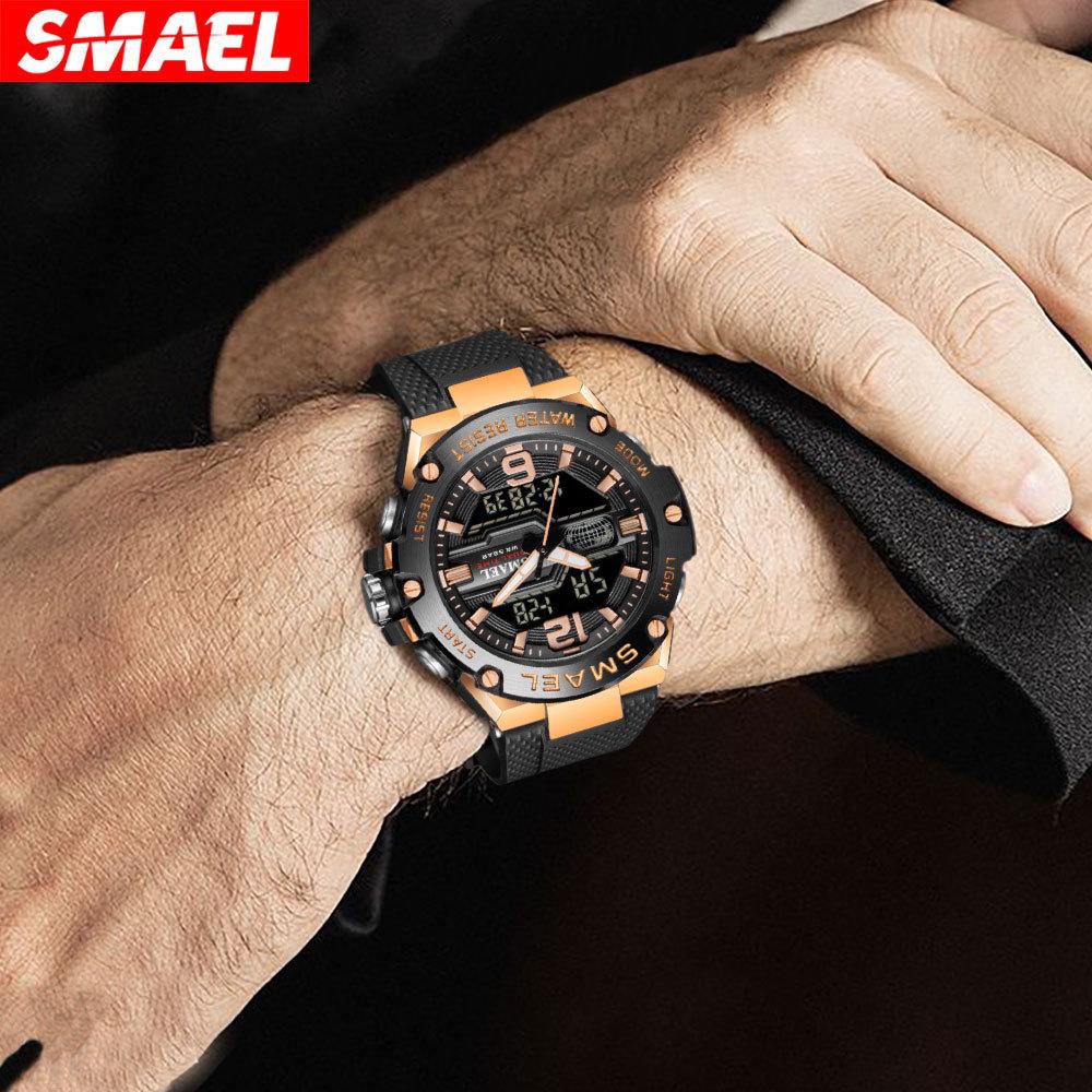 SMAEL Модные мужские часы, спортивные часы, 50 м, водонепроницаемые наручные часы, светодиодные цифровые часы с автоматической датой, секундомер, будильники 8033, мужские повседневные часы