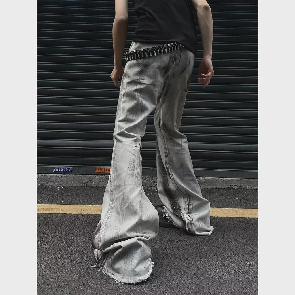 Мужские джинсы-клеш с эффектом потертости в стиле ретро с градиентом - Niche High Street Slim Fit Pants