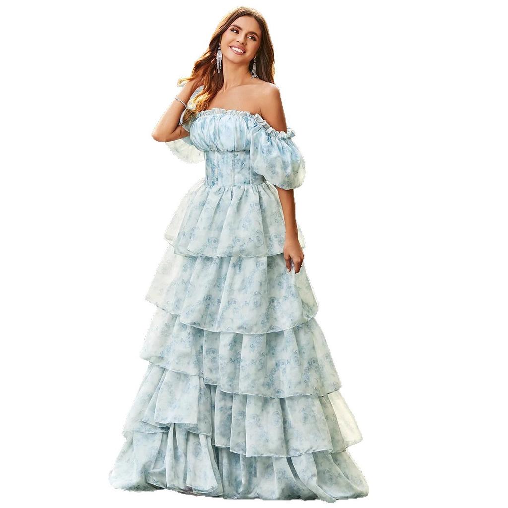 Идиллическое сладкое платье-торт Европейские и американские пышные короткие рукава шнуровка на талии однотонное цветочное платье-фея длинное платье