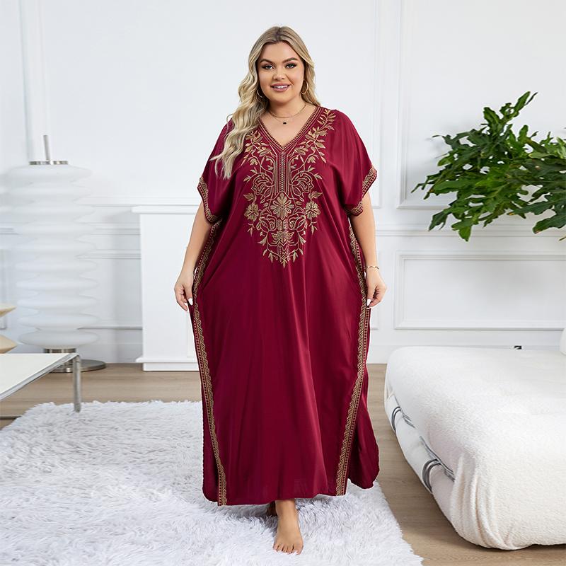 EDOLYNSA 2024 Gold Thread Embroidered Plus Size Casual Vacation Beach Dress Summer Swimsuit Coverup For Women V Neck Bat Sleeve Black Kaftan
