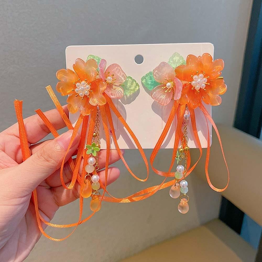 1 Pair Floral Tassel Pearl Bunny Hair Clips Vibrant Color Fairy Hairpins Hanfu Hair Clips Festival
