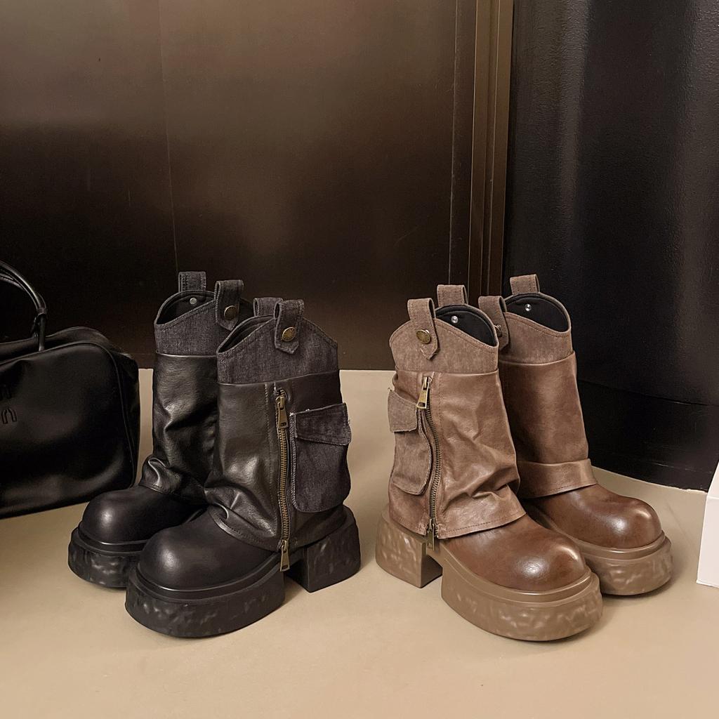 Small Thick-soled Heightening Medium Tube Black Locomotive Trousers Women's 2025 New Trendy Cool Martin Boots