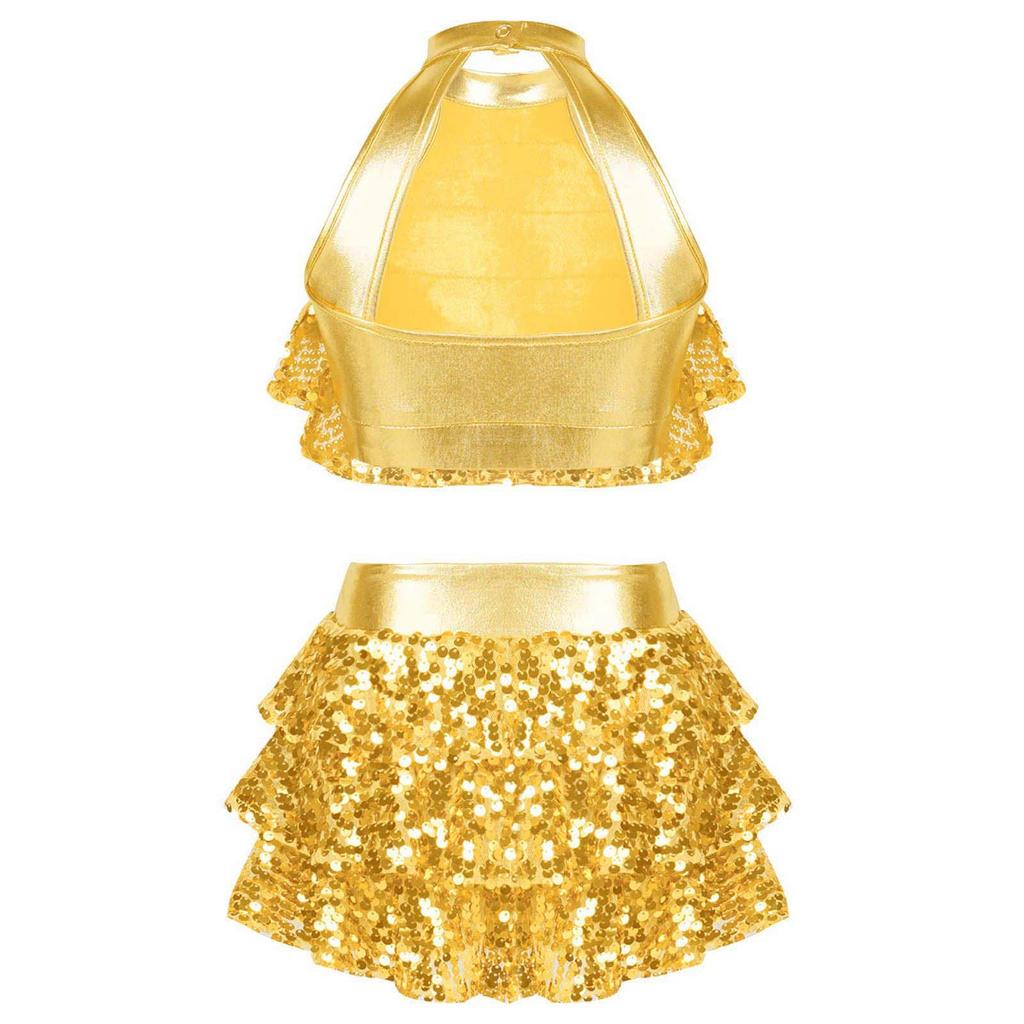 Girls Sparkling Dance Set Sleeveless Round Collar Backless Shiny Sequins Tiered Crop Top Elastic Waist Skirt