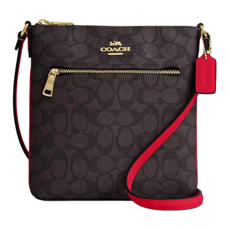 COACH Rowan 21 Metal Logo Zip Closure Coated Canvas Shoulder Crossbody Bag Small Women's Walnut and Red