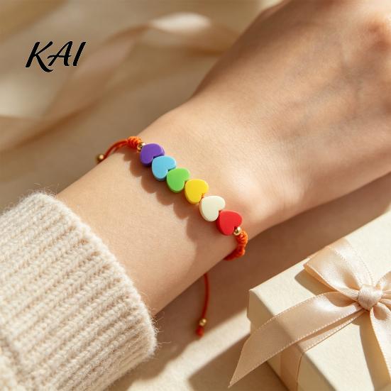 Lightweight Soft Clay Accessory Colorful Hearts Bracelet, Handmade Braided Cord String Adjustable Boho Style Woven Bracelet Heart Shaped Beads Jewelry