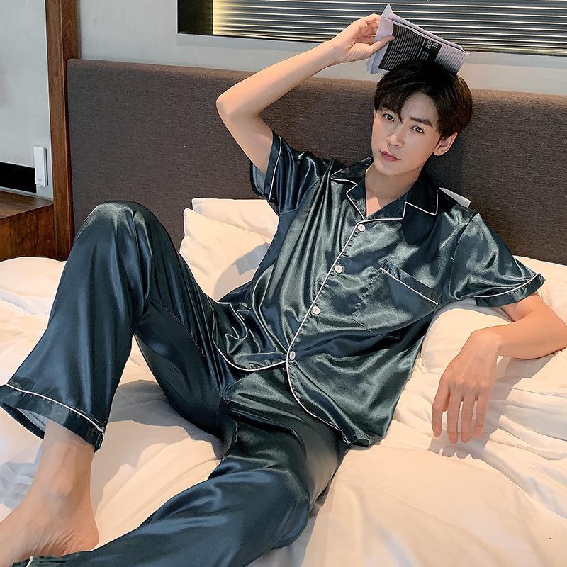 Мужской пижамный комплект с длинным рукавом из ледяного шелка на 2024 год - Легкая весенне-осенняя домашняя одежда