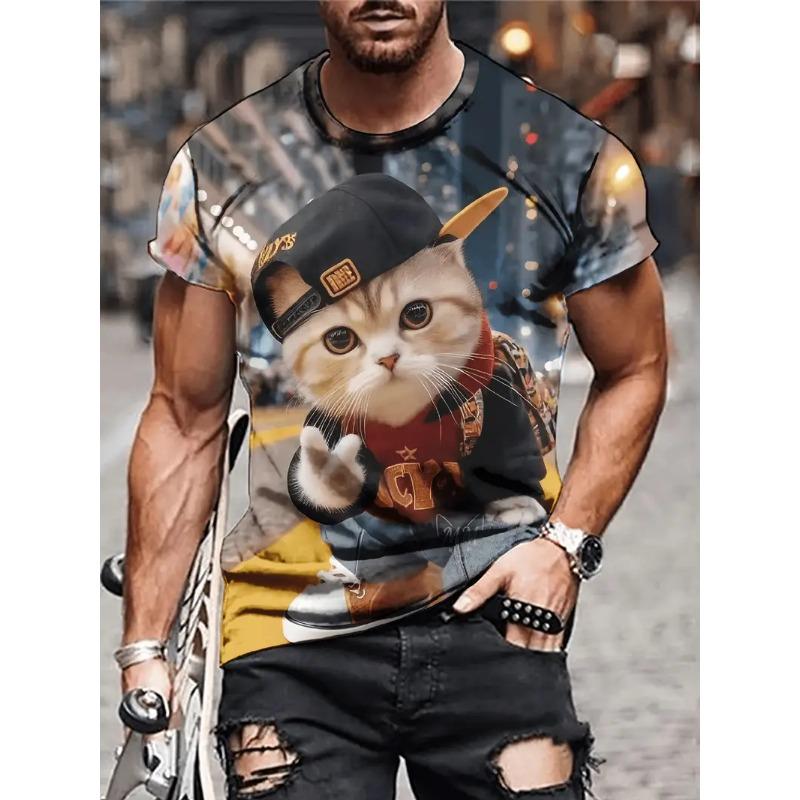 Летняя Модная Забавная Футболка с Мультяшным Рисунком Кота