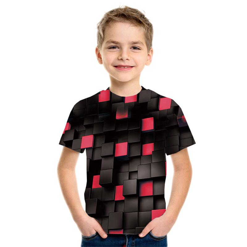 Summer Round Neck 3D Geometric Pattern Printed Top Fashionable Casual Short Sleeved Children's Boy T-shirts