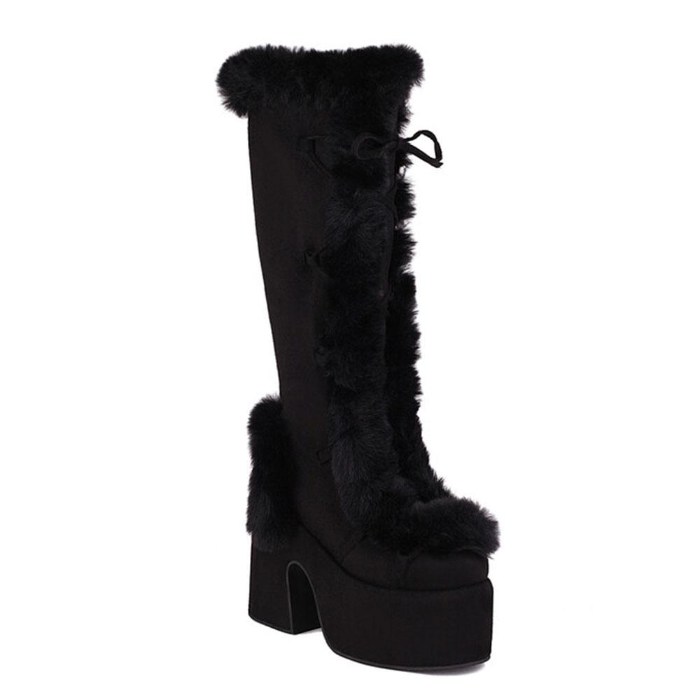 GIGIFOX Fur Super Chunky High Heel Platform Mid-Calf Boots For Women Faux Suede Round Toe Side Zipper Lace-Up Warm Casaul Boots