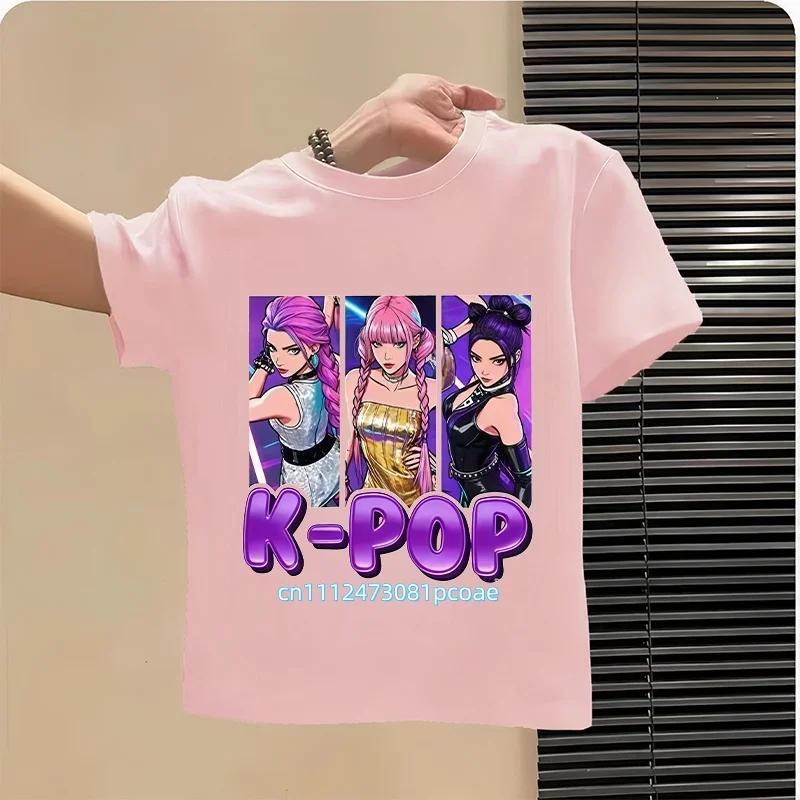 Summer Kpop Popular Cartoon Print Childrens Design Casual Harajuku Style Round Neck Short Sleeved Top Fans Gifts Kids Clothes