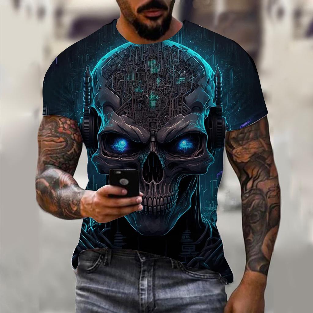Summer Round Neck 3D Horror Skull Print Top Fashionable Casual Short Sleeved Men's T-shirts