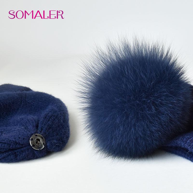 SOMALER Winter Hats For Women Natural Fur Pompom Hat Warm Wool Slouchy Beanies For Female Fashion Skullies Lady Hats