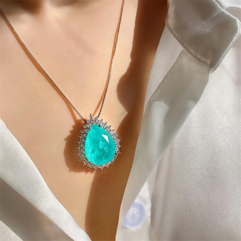 Ladies 925 Sterling Silver Chain Necklace Paraiba Emerald Tourmaline Gemstone Pendant Necklace Water Drop Fine Jewelry
