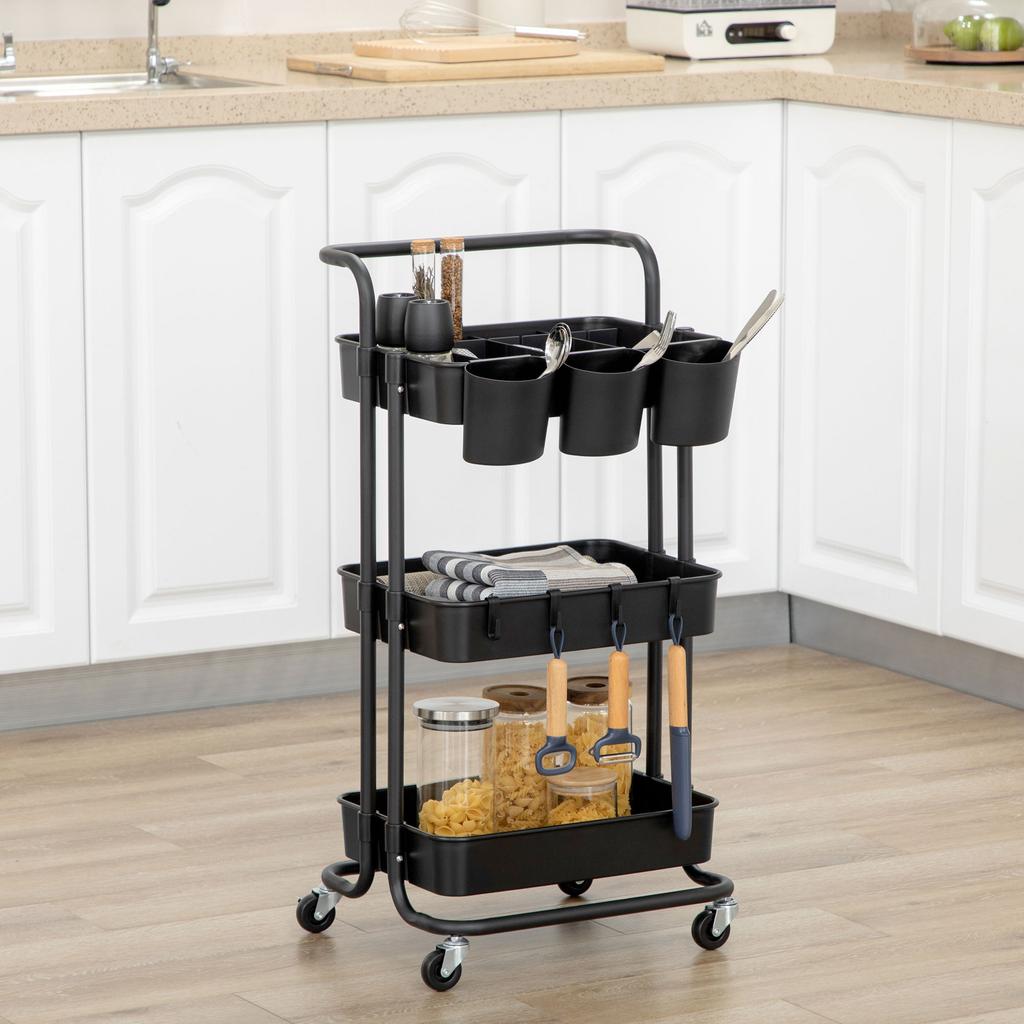 Auxiliary Trolley with Wheels, Multifunctional Storage Cart with Hooks and Hanging Boxes, 42x38x86.5 cm, Black