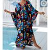 Women's Boho Cover Up, Plus Size Contrast Loose Fit Vacay Beach Kaftan Dress