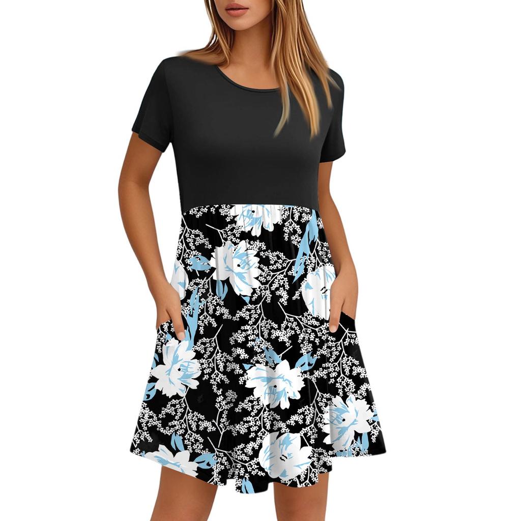 Женские модные повседневные свободные платья с круглым вырезом и коротким рукавом с принтом и карманами