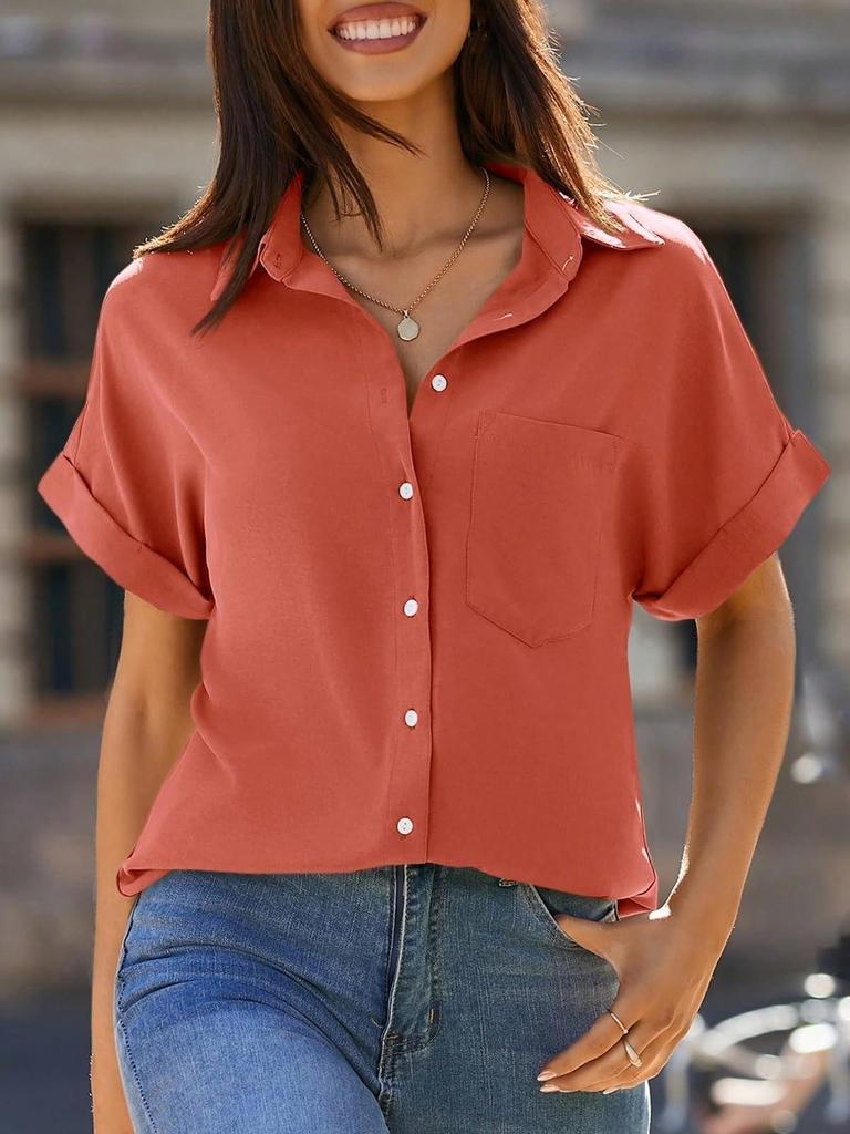 Women's V Neck Collared Button Down Shirt Short Sleeve Top with Pockets