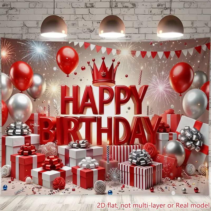 2D 2D Flat Birthday Backdrop, Red Silver Party Photography Background
