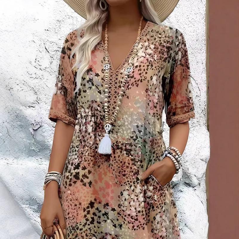 Женские модные платья с коротким рукавом и V-образным вырезом, украшенные кружевом и набивным рисунком