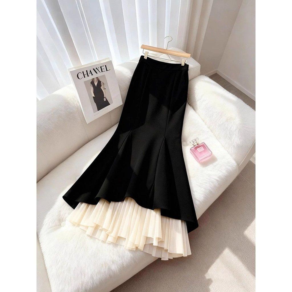 Modern Cotton Blend Womens Long Skirt With Wave Hem And Ruffle Details For Spring Fashion