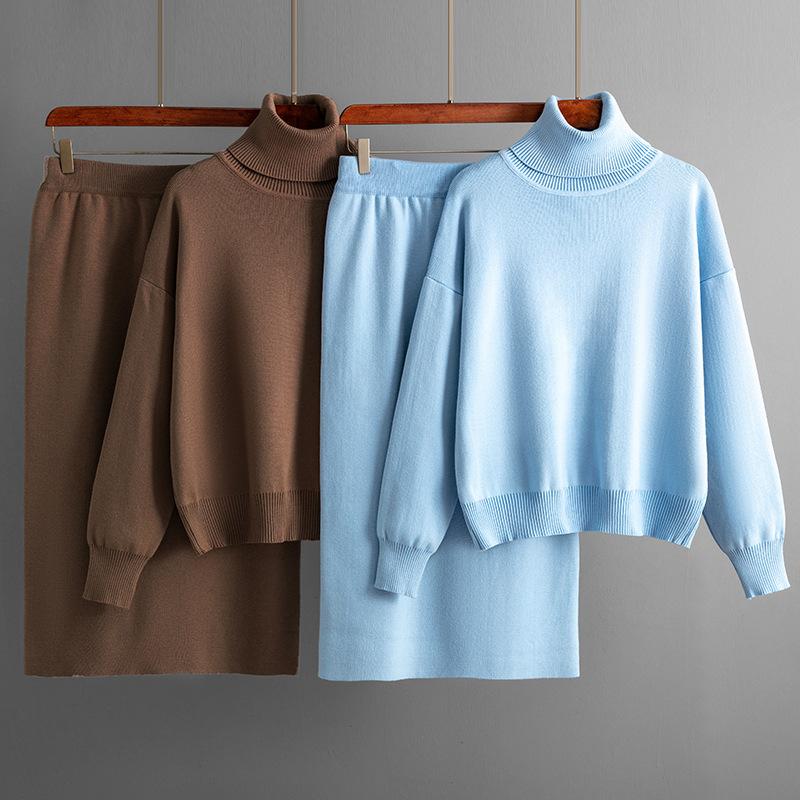 Women's Turtleneck Sweater Knit Skirt Two-piece Set Autumn Winter Knit Suit Knitted Pencil Skirt Turtleneck Sweater Skirt Set