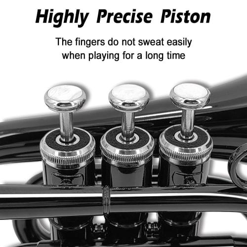 Yinfente Bb Flat Pocket Trumpet for Beginners, Includes Student Cleaning Cloth, Silver-Plated 7C Mouthpiece, Hard Case, and White Glove (Black)