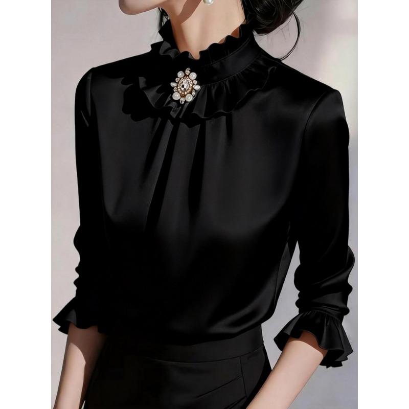 Women ruffled stand collar satin three quarter sleeve shirt multi color slim fit rhinestone pearl brooch office elegant blouse