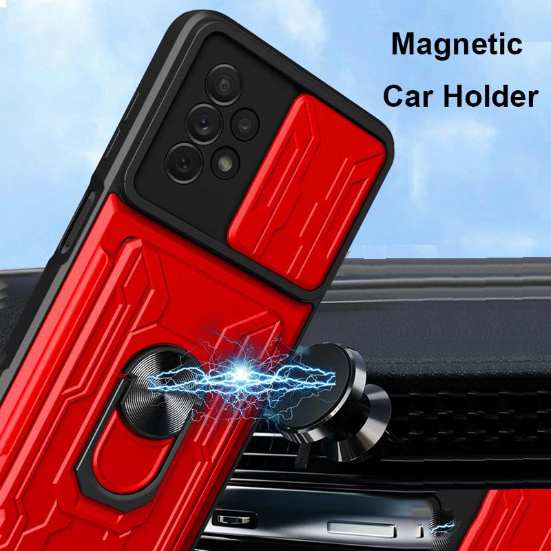 Slide Camera Shockproof Armor Case for Samsung Galaxy A53 A73 A33 A13 A12 S21 S22 Redmi Note 11 10C iPhone 13 12 11 Pro Max Card Holder Stand Cover