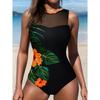 Women's High Waisted One-Piece Swimsuit | Black Tropical Floral Print, Mesh Panel, Casual Elegant Swimwear, Quality Construction Vacation Essentials