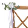 Weather Resistant Car Decor Wedding Door Handle Flower with Ribbon Tie And Green Leaves, White Artificial Photo Prop Rose Rearview Mirror Bouquet for