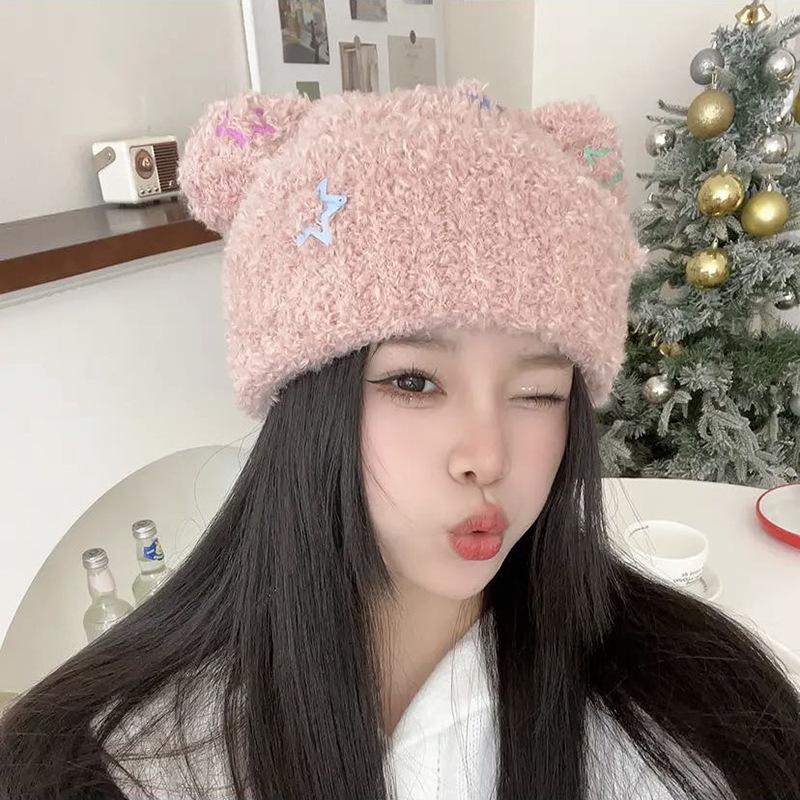 Новая зимняя шапка-пуловер в корейском стиле с милым медведем, утолщенная вязаная шапка для женщин, мягкая теплая вязаная шапка, чтобы показать маленькое лицо