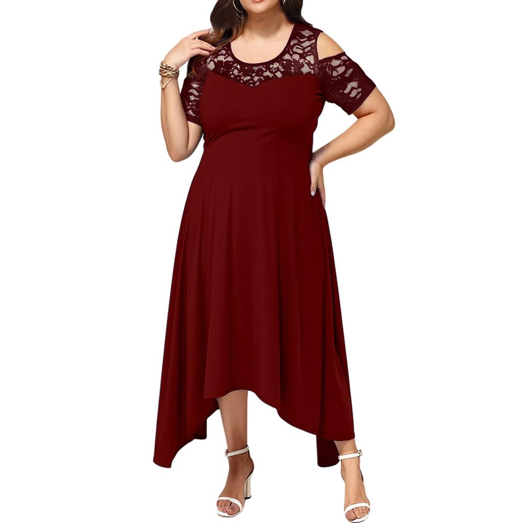 Женское летнее платье с открытыми плечами, кружевной отделкой, элегантное, оверсайз, однотонное