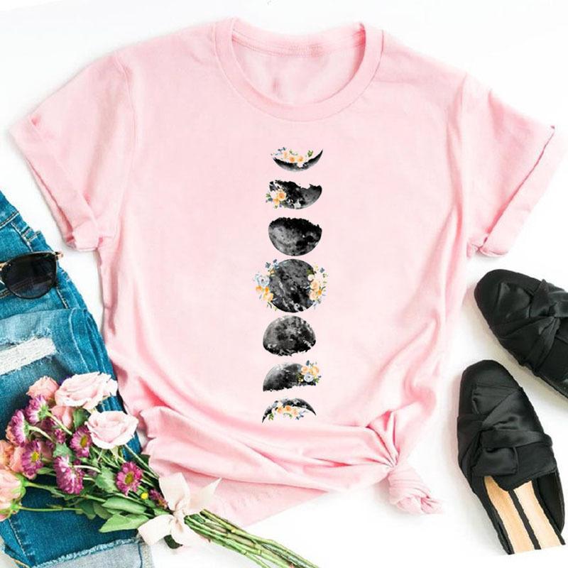 Летняя мода принтованная луна лунное затмение свободные короткие рукава буквы хлопковые футболки женские