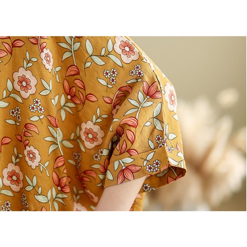 DIMANAF 2025 Summer T-Shirt Plus Size Women Flower Printing Batwing Sleeve Vintage Loose Tops Casual